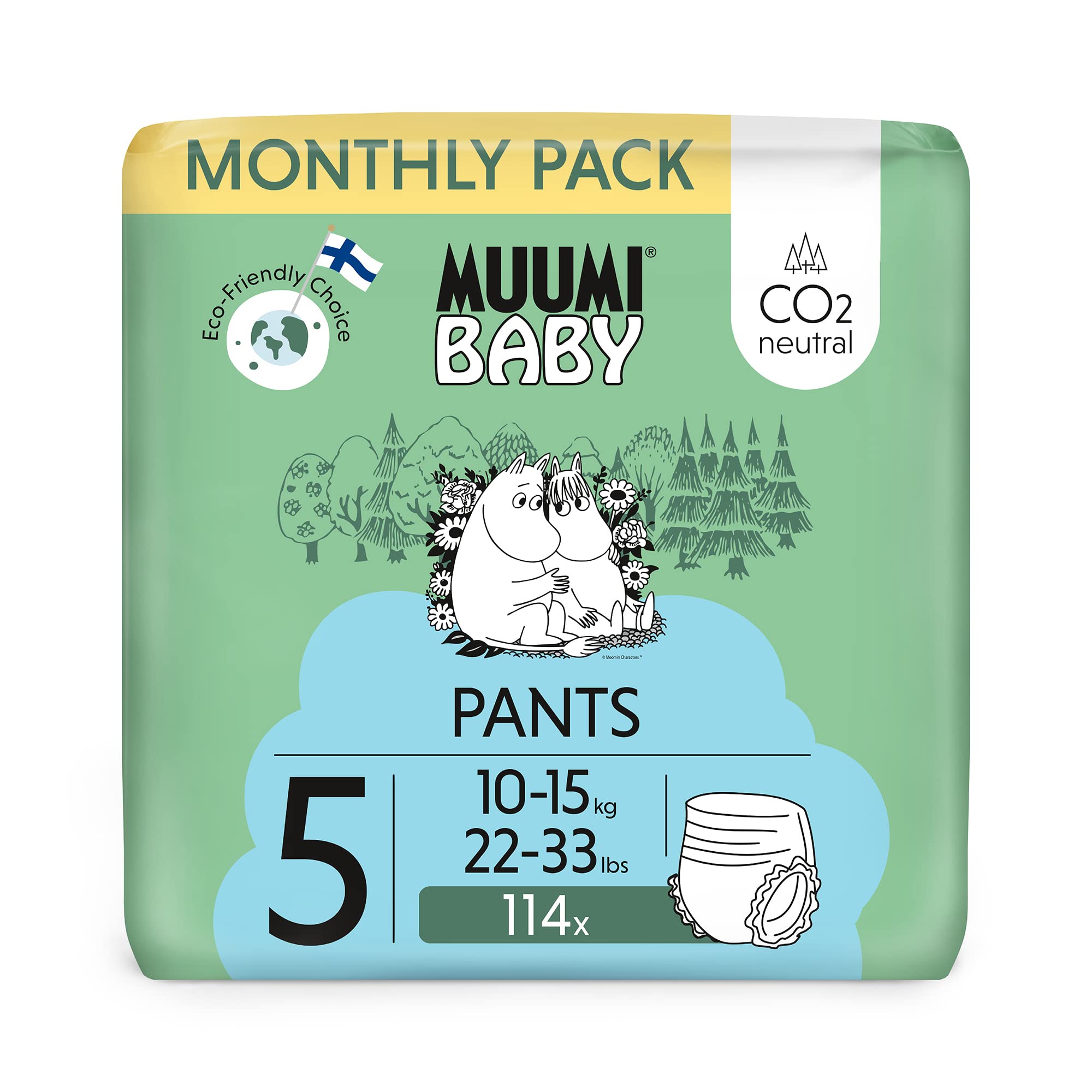 Muumi Baby Eco Pull Ups Size 5 Monthly Pack, 10-15 kg, 114 Sensitive Premium Nappy Pants with Leakage Barrier | Soft and Skin Friendly, No Unnecessary Chemicals |