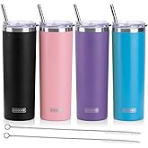 koodee 20 oz Tumbler with Lid and Straw-4 Pack Skinny Tumbler Stainless Steel Double Wall Insulated Coffee Cup (Sky Blue/Pink/Purple/Black