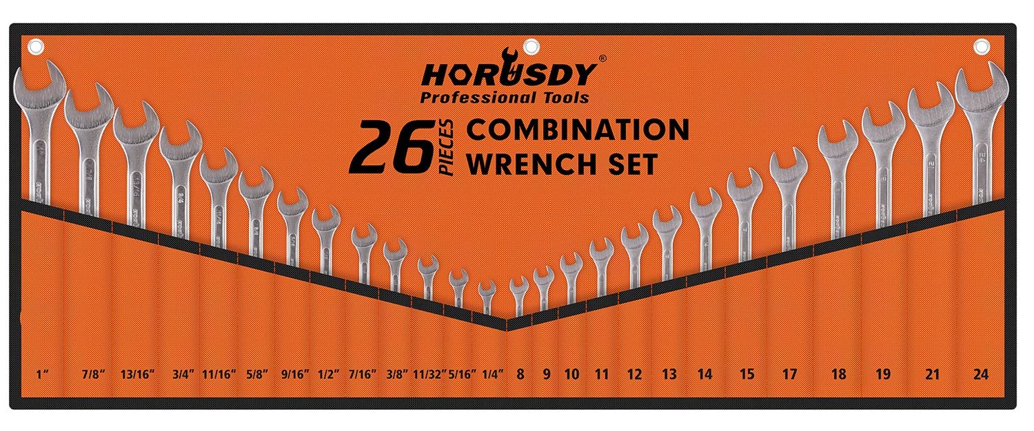 HORUSDY 9-Piece Metric Offset Box Wrench Set – CR-V Steel, 75° Offset, 6-24mm, With Rolling Pouch – Extra Long For Better Torque