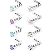 LOYALLOOK 8PCS Nose Rings Studs Titanium Nose Rings CZ Opal L Shaped Screw Studs Rings for Women Nose Screw Studs 18G/20G Samll Nose Stud Corkscrew Nose Rings Piercing Jewelry, 2mm
