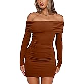 OWIN Women's Fall Off The Shoulder Ruched Bodycon Mini Dress Long Sleeve Ribbed Knit Fitted Club Party Dresses