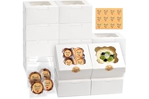 ZYFOTZUN 12 Pcs Cookie Boxes with Window, 6x6x3 Inches White Bakery Boxes, Treat Boxes with 50 Pcs Cookie Bags and 12 Pcs Stickers, for Dessert Pastry Chocolate Strawberries Macarons Donut Cupcake