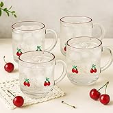 SiliFine 4 Pack Fruit Icon Glass Cups 14oz Cherry Mugs with Handle Clear Drinking Glasses Double Old Fashioned Handblown Cocktail Glassware for Summer Birthday Holiday Party Gift (Cherry)