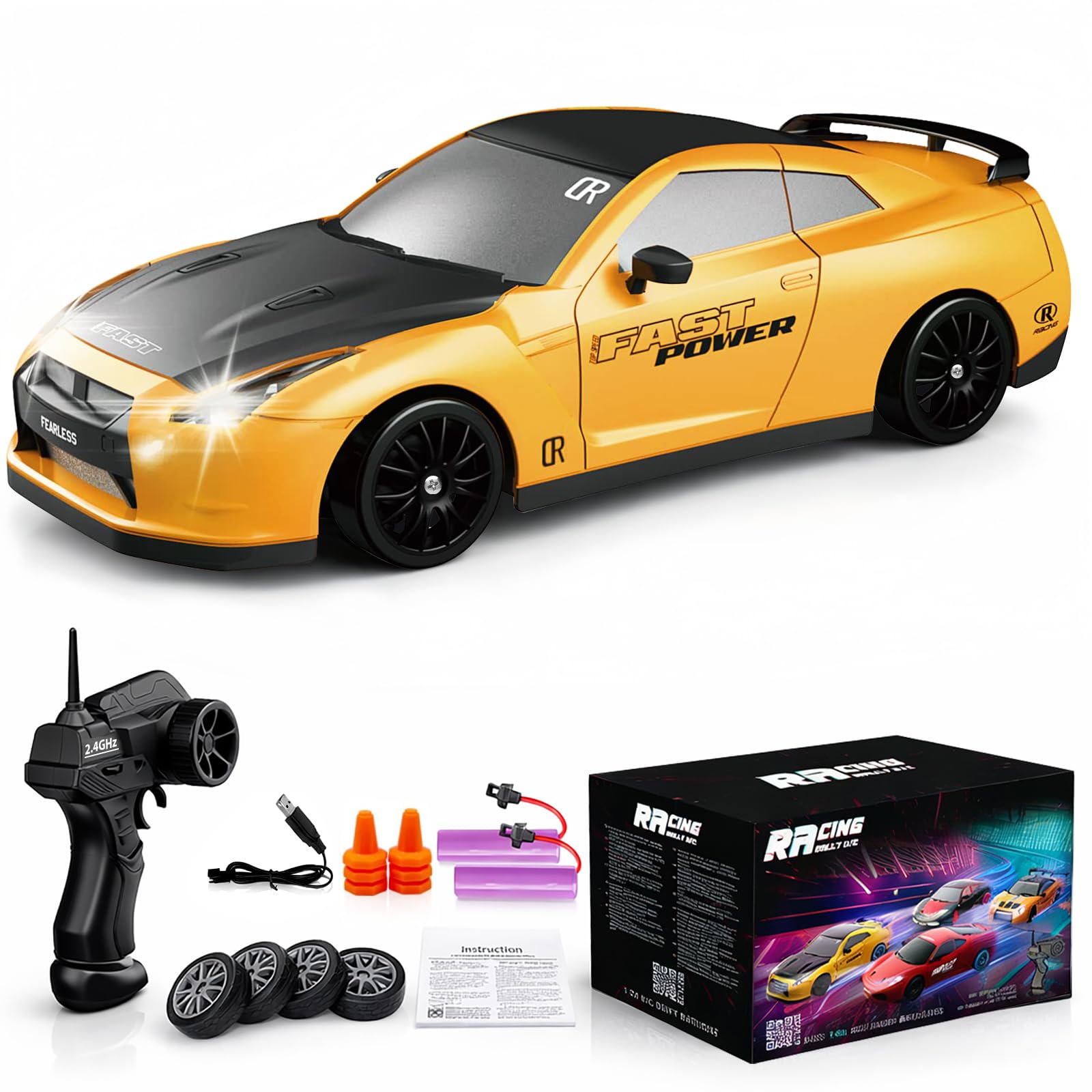 Remote Control Car RC Drift Car 2.4GHz 1:24 Scale 4WD 20KM/H High Speed Model Vehicle with LED Lights Drifting Tire Racing Sport Toy Car for Adults Boys Girls Kids Gift 2Pcs Rechargeable Batteries