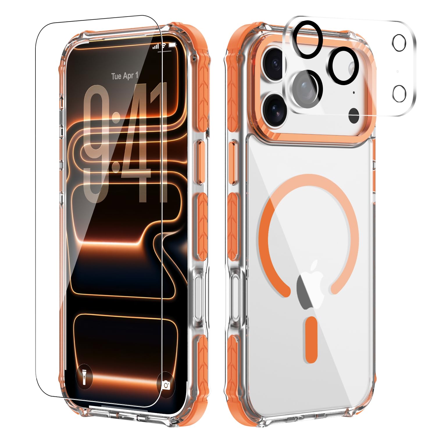 WSRBWET for iPhone 17 Pro Max Case with Tempered Glass & Lens Protector, Compatible with MagSafe, Military Grade Shockproof with 4-Air Corner & Anti-Slip Orange Frame, Magnetic Anti-Yellowing Case