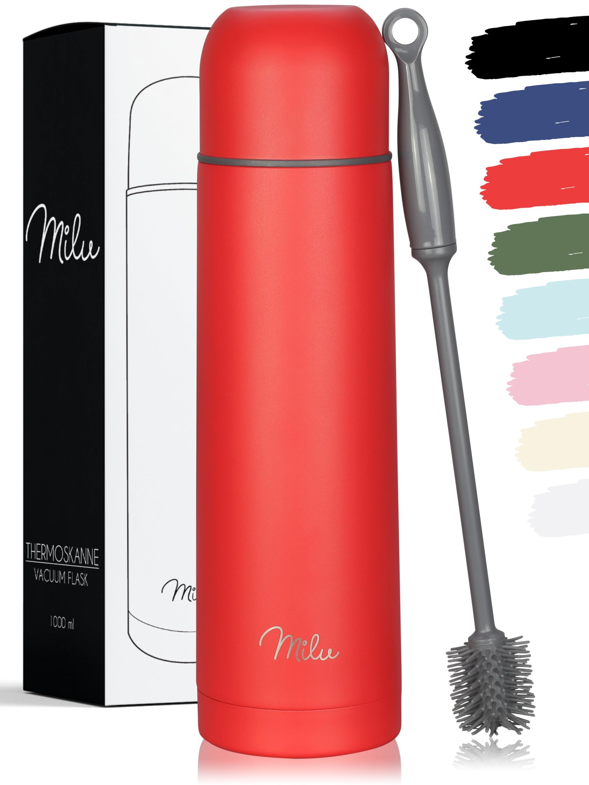 Milu Vacuum Insulated Flask 1L, 750ml, 500ml - Thermo Water Drinking Bottle with Cup for Hot & Cold Drink - Stainless Steel, 100% Leak-Proof (Red, 1000ml)