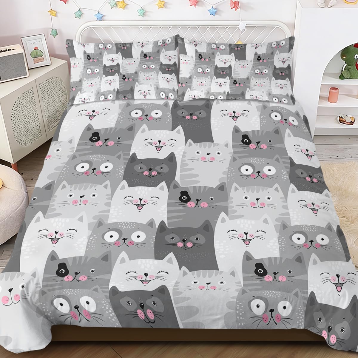 BlessLiving Cat Bedding Sets for Girls Gray Cat Duvet Cover Kids Bedding Set Single Cartoon Kitten Comforter Cover Set for Teens Boys Adults Women Kawaii Cats Bedroom Set (Single)