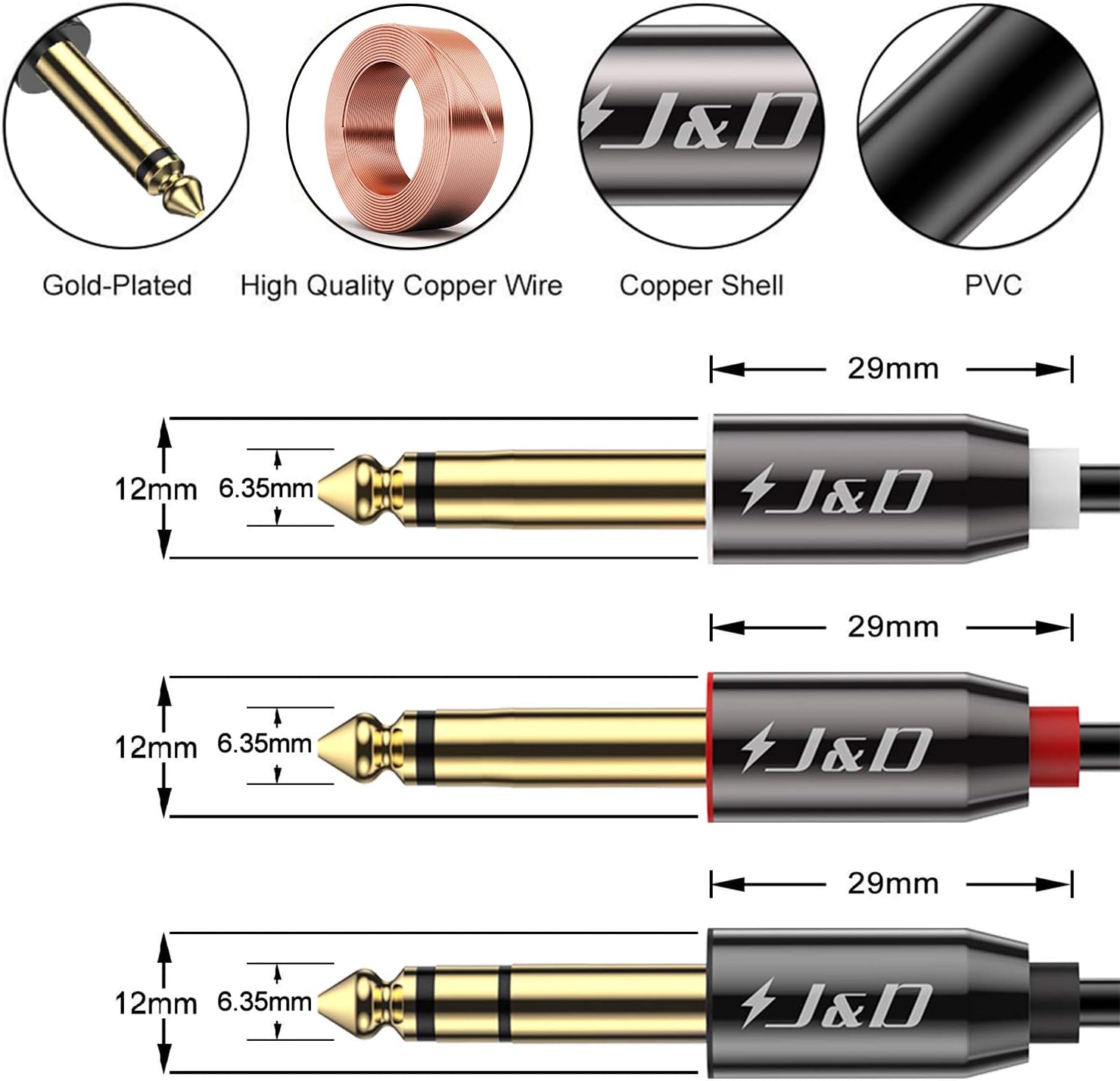 J&D 1/4 inch TRS Y-Splitter Insert Cable Lead Stereo Jack Cable 6 Feet/1.8 Meter - Image 3