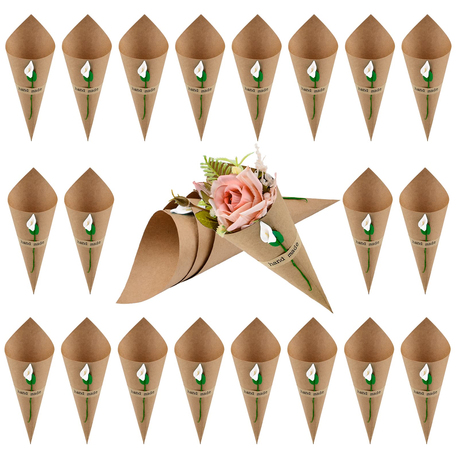 WANDIC Kraft Paper Cones, 50 Pcs Wedding Confetti Paper Cones Bouquet Petals Bags Boxes with White Horseshoe Flower Sticker for Wedding Party Gifts Packing