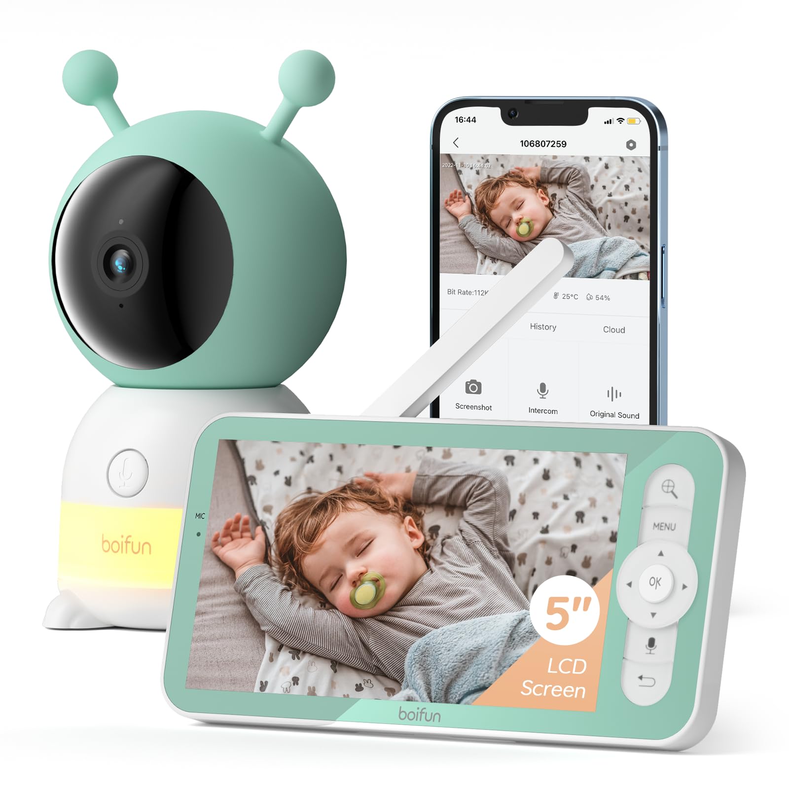 Photo 1 of BOIFUN 2K WiFi Baby Monitor with Camera and Audio,Smartphone APP, Colorful Night Light, Smart AI Motion & Sound & Humidity & Temperature Detection, Auto Tracking,5-Inch Monitor Control, Night Vision