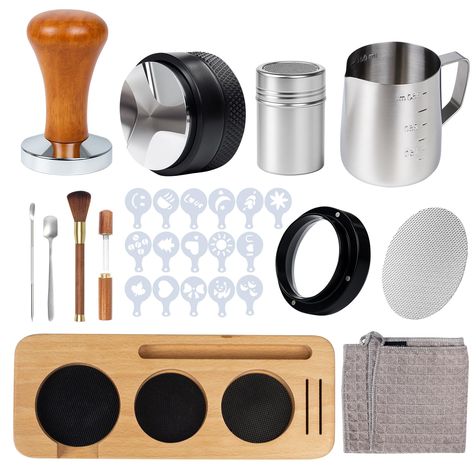 Photo 1 of 28PCS Espresso Accessories Kit,51mm Espresso Tamper Tools,Includes Wood Station,Distributor,Stirrer,Dosing Funnel,Brush,Puck Screen,Frothing Pitcher,Latte Pen,Powder Ring,Towel,Decorative Stencils