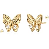 LADYGD Butterfly Stud Earrings for Women 14K Gold Plated S925 Sterling Silver Post Cubic Zirconia Butterfly Earrings Lightweight Jewelry Gifts