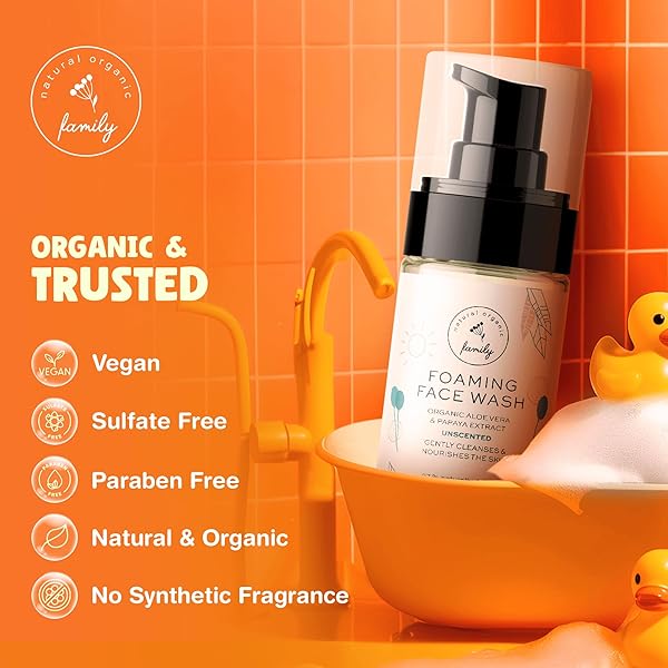 THE NATURAL AND ORGANIC FAMILY KIDS FOAMING FACE WASH – CLEAN AND GENTLE FACE WASH FOR KIDS AND PRETEENS – MADE IN THE UK – UNSCENTED