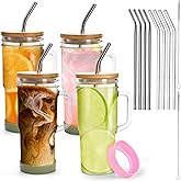 Yesland 4 Pack Glass Tumbler Cups with Handle, 24 oz Mason Jar with Bamboo Lids and Straws, Reusable Coffee Cups Drinking Glasses for Iced Coffee, Smoothies, Beer, Juice and Bubble Tea, Gift