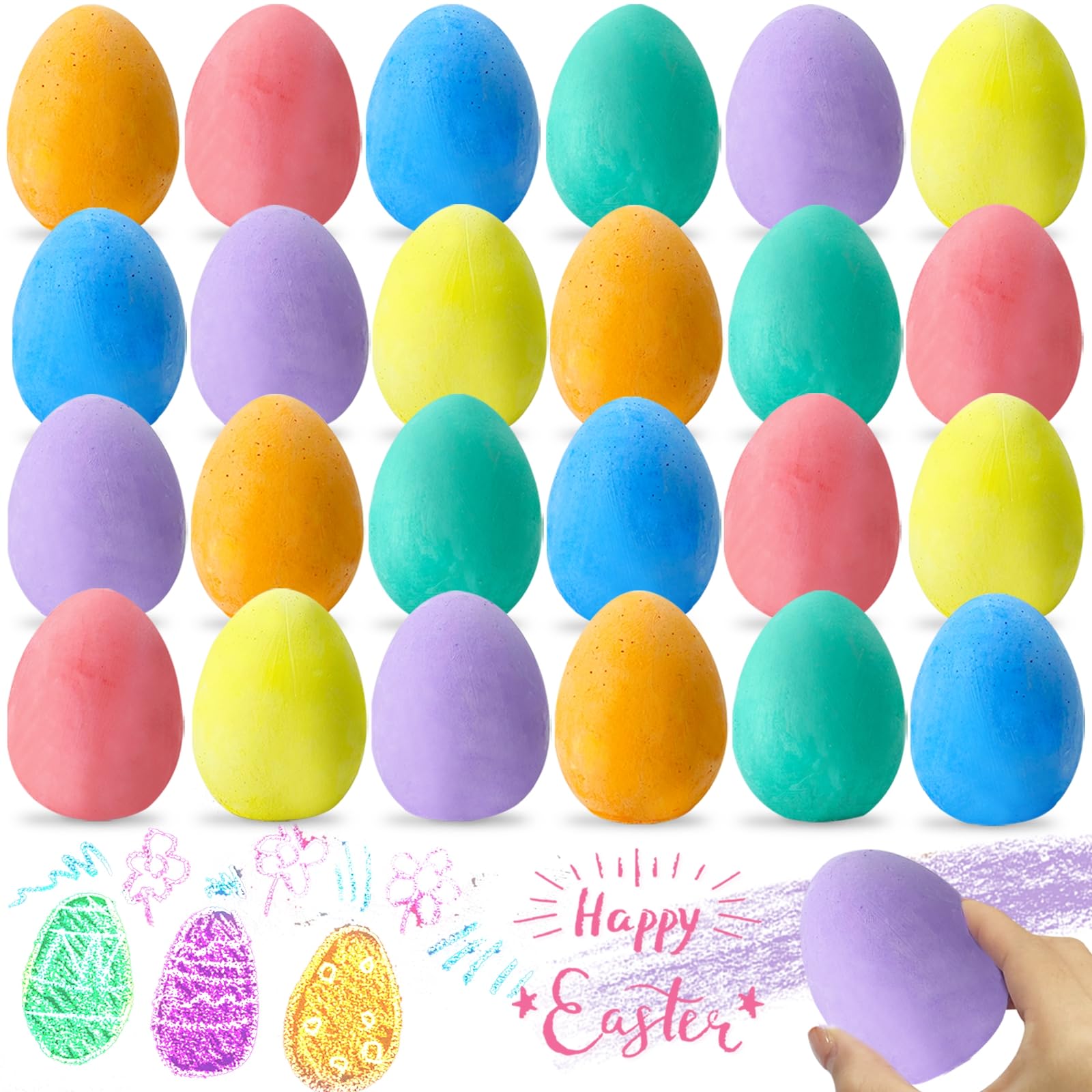 AMENON 24 Pack Easter Sidewalk Chalk Large Size 6 Colors Easter Basket Stuffers Colorful Egg Chalk Outdoor Toddler Kids Easter Hunt Classroom School Chalkboard Playground Drawing Easter Party Favor