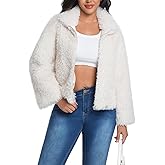 HOOD CREW Women's Faux Fur Long Sleeve Fleece Cropped Jacket Open Front Shaggy Warm Short Fall Winter Outerwear Coat