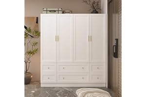 TAMUNE Large Wardrobe Armoire Closet with 4 Doors, White Wardrobe with Hanging Rods and Drawers, Shelf, Bedroom Armoire, Modern Clothes Wardrobe with Gold Handles, 19.7”D x 63”W x 70.9”H