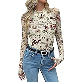 Mesh Long Sleeve Shirts for Women See Through Graphic Tees Sexy Costumes Y2k Mock Christmas Party Outfits Western Rodeo Tops