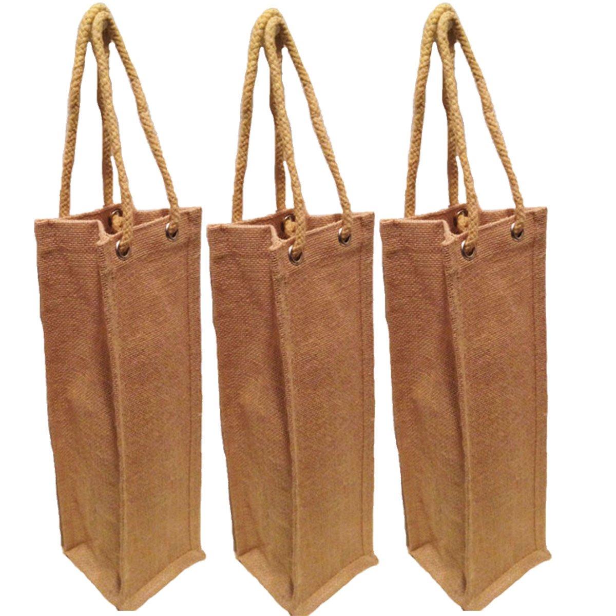 Pack of 3 Natural Jute Burlap One Bottle Wine Tote with Long rope