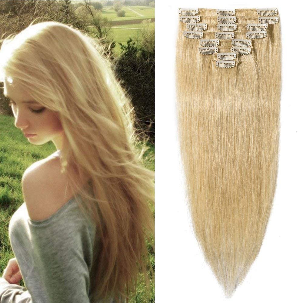 Elailite Clip in Hair Extensions Real Human Hair Remy Natural Hair - 8 Pieces (Thin Weft) Full Head Straight - #613 Bleach Blonde - 22 Inch (75 g)