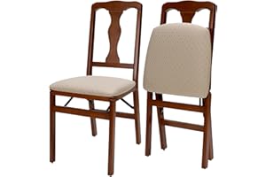MECO Stakmore Queen Anne Wooden Folding Chairs with Padded Seats, Set of 2 - No Assembly Foldable Dining Chairs, Steel Folding Mechanism, Upholstered Cushion, Space-Saving, Cherry Frame