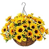 Homsunny Artificial Sunflowers Fake Hanging Flowers Plants Baskets for Outdoor Decoration, Faux Silk Flowers Look Real UV Resistant for Porch Patio Garden Spring Home Decor
