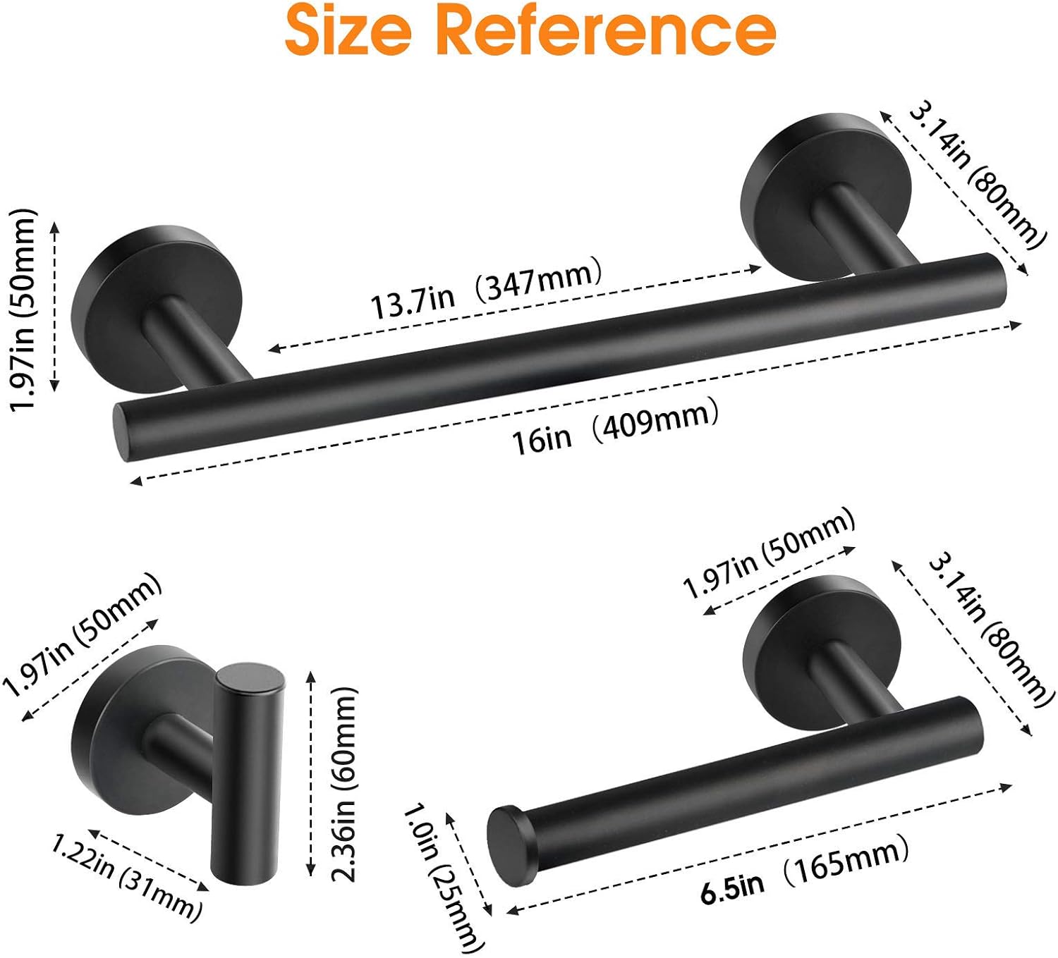 Bathroom Hardware Set, Tomic Matte Black Towel Bar, Thickened SUS304 Stainless Steel Bathroom Towel Rack Set Include 16'' Bathroom Towel Bar, Toilet Paper Holder and 2 Robe Hooks, 4Pcs: Kitchen & Dining