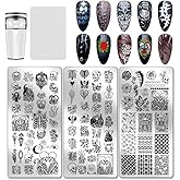 PH PandaHall 3pcs Skull Nail Stamping Plates, Bone Skeleton Flower Nail Art Templates Gothic Skull Art Stencils Image Plate with Stamper and Scraper for DIY Print Manicures Salon Design Halloween