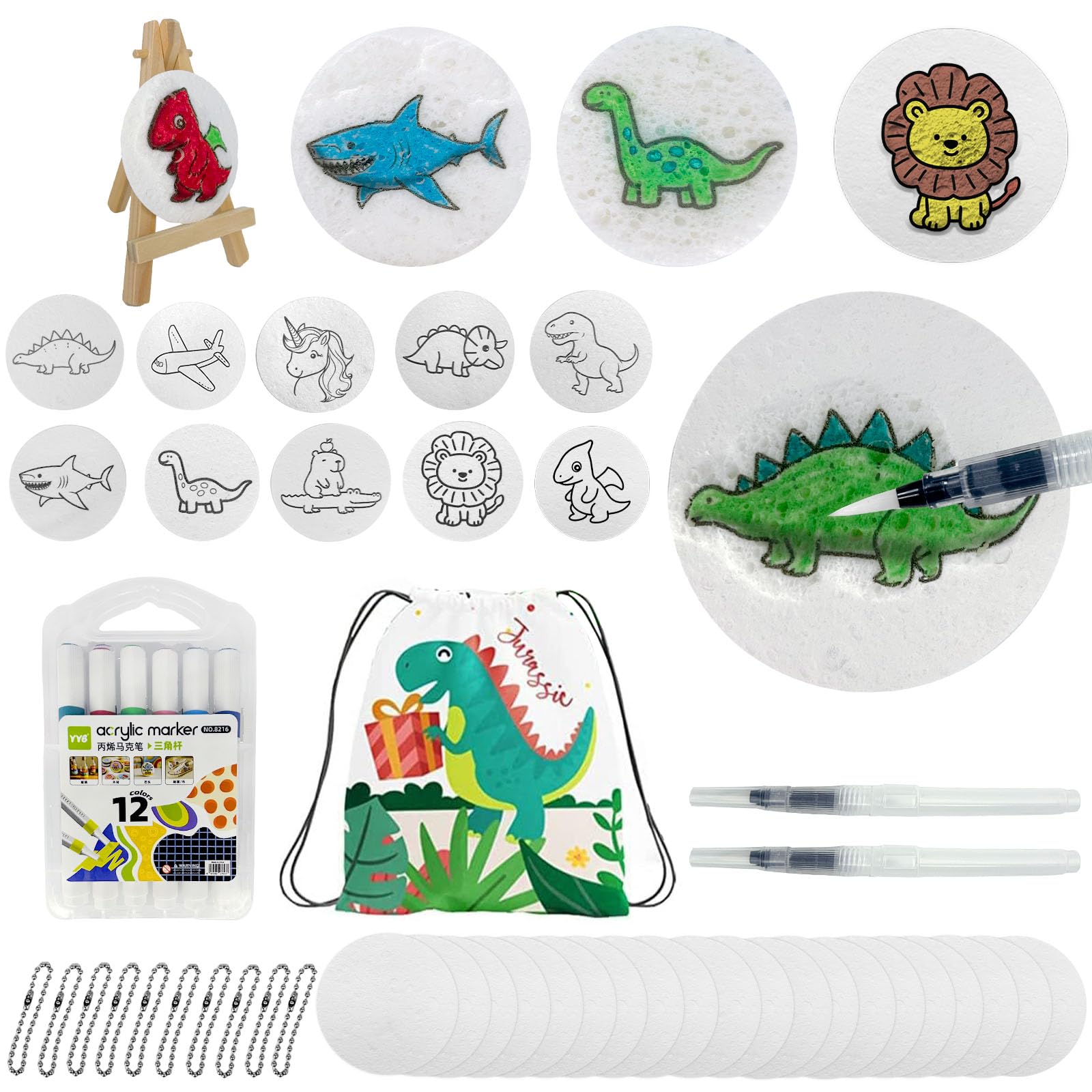 Fortivae Magic Puffy Paint, 56 Pcs Magic Foam Texture Painting Kit, with 30 Round Sponge Sheets, 12 Colour Markers, 2 Water Pens, 10 Bead Chain, 1 Mini Easel and A Storage Bag(Boys Style)