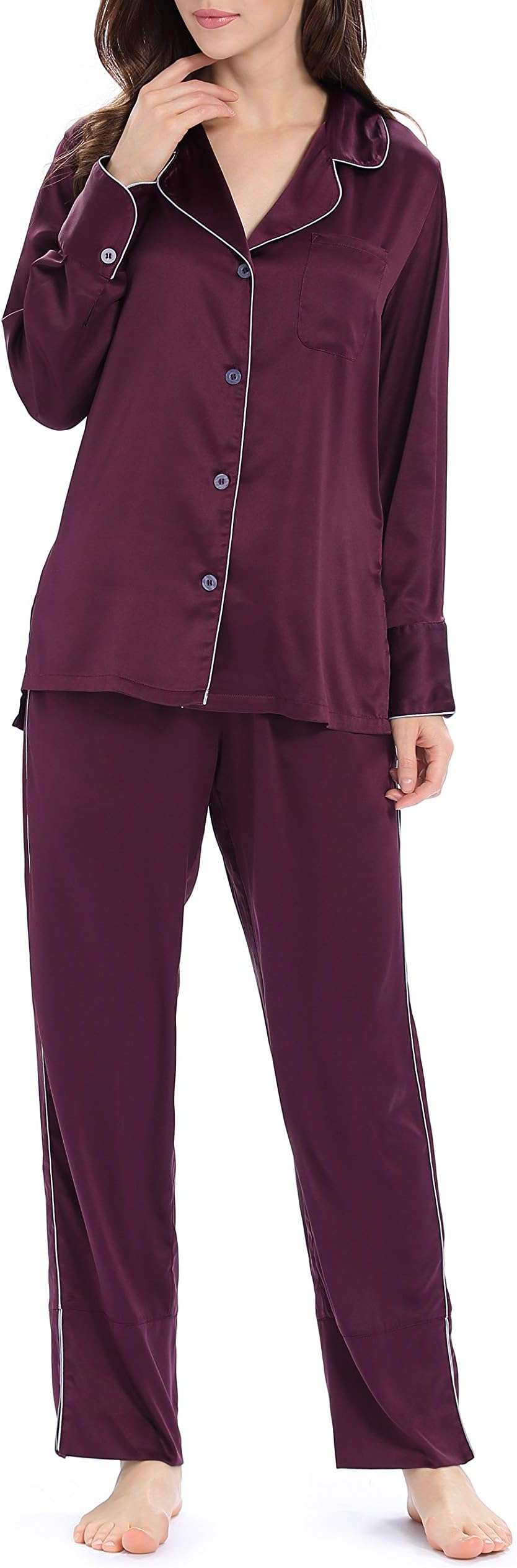 Womens Pajamas Set, Satin Pajamas Button-Down Long Sleeve Silk Pajama Sleepwear Loungwear Set S~XL