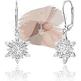 Snowflake Earrings for Women Sterling Silver Leverback Earrings Hypallergenic Clear Cubic Zirconia Sparkle Earring Classic Elegant Winter Christmas Jewelry Gifts for Her Mom Wife