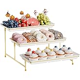 Bumusty 3 Tier Melamine Plastic Serving Tray Set,14"x7" Platters for Serving Food,White Reusable Trays with Golden Metal Disp