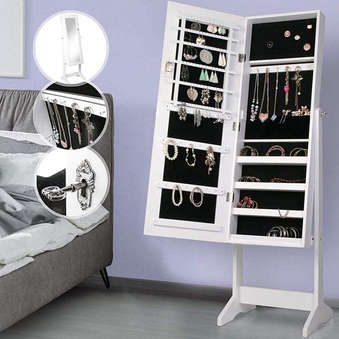 Armoire à Bijoux avec Miroir à Pieds Verrouillable, 36.5 x 41 x 143.5 cm, en Blanc ou Noir