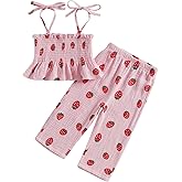 baorji Toddler Baby Girl Strawberry Outfit Cotton Linen Sleeveless Ruffle Crop Tops Pants Set 2Pcs Cute Summer Clothes