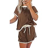 SELINK Lounge Sets for Women 2 Piece Skirt Colorblock Drop Shoulder T Shirt and Skort Set Summer Tracksuits