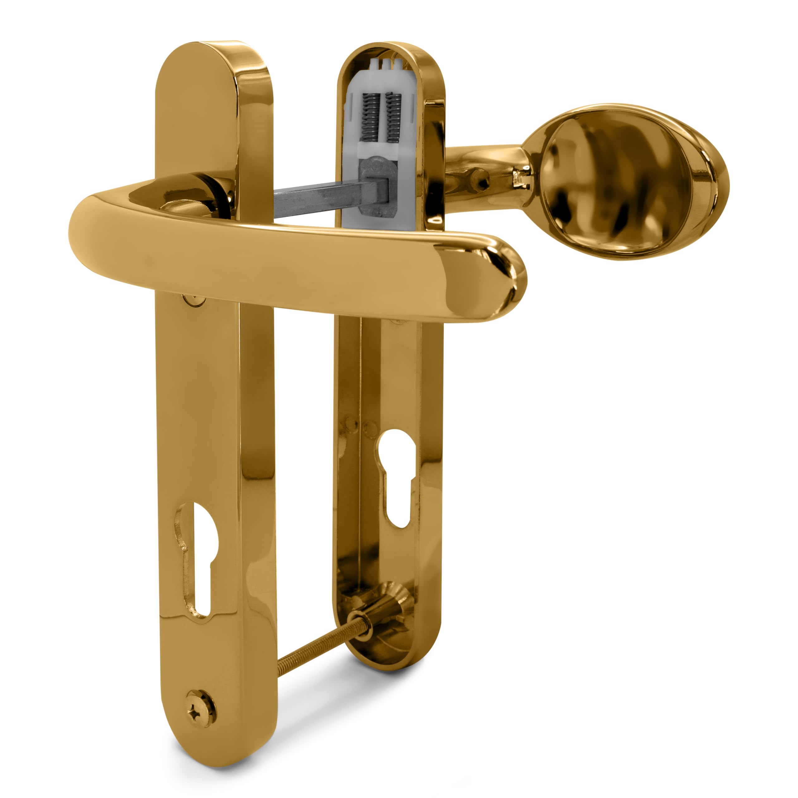 TSS Polished Brass UPVC Door Handle Pair Set, Sprung, 92mm PZ (Centres), Lever Moveable Pad, 122mm Screw to Screw (Screw centres), Backplate 212mm x 34mm - Replacement PVC Door Handle Polished Brass