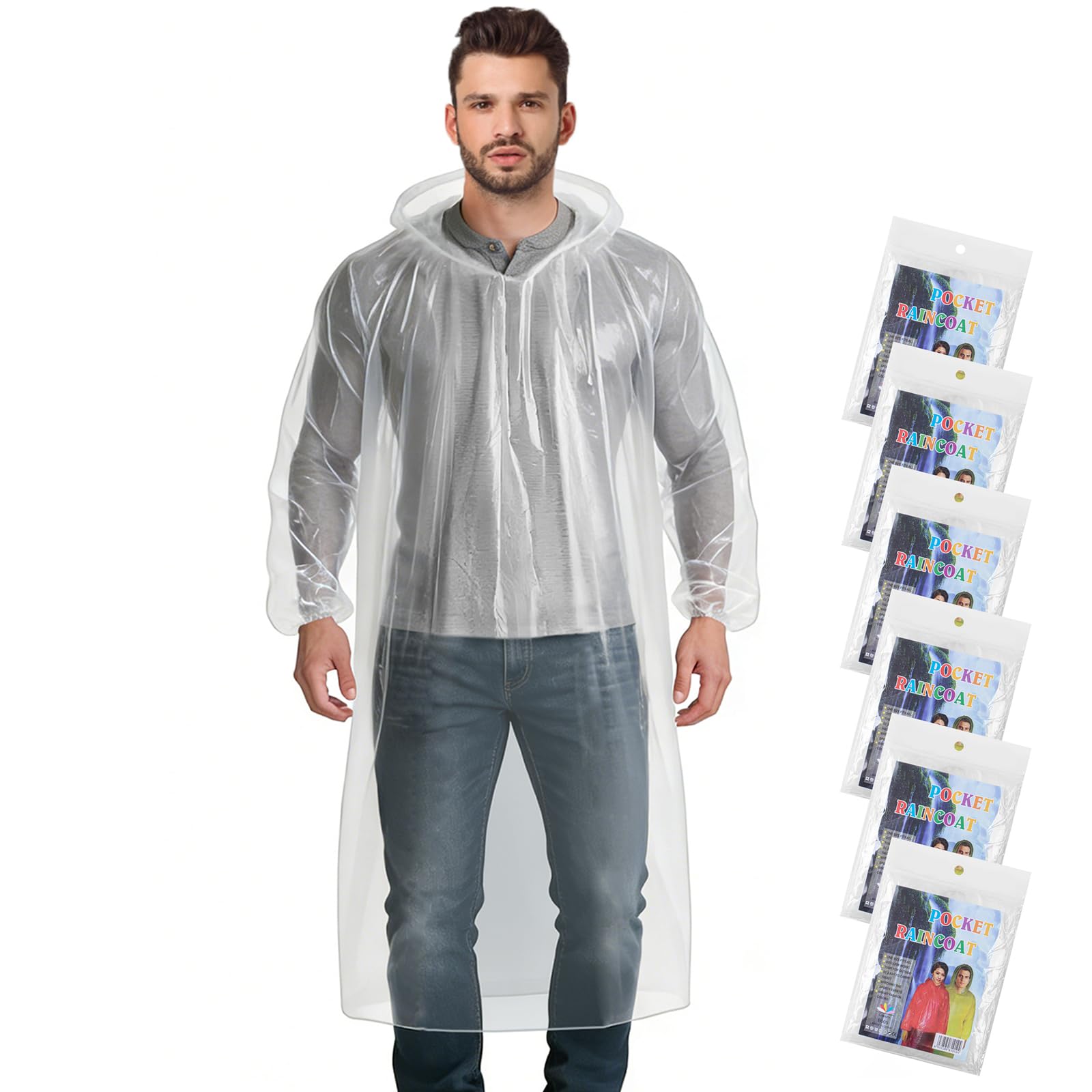 Aolegoo 6 Pack Ponchos Waterproof with Sleeves and Drawstring Hood, Thickened Portable Adult Disposable Waterproof Poncho Ideal for Festival Waterproofing, Camping, Theme Parks