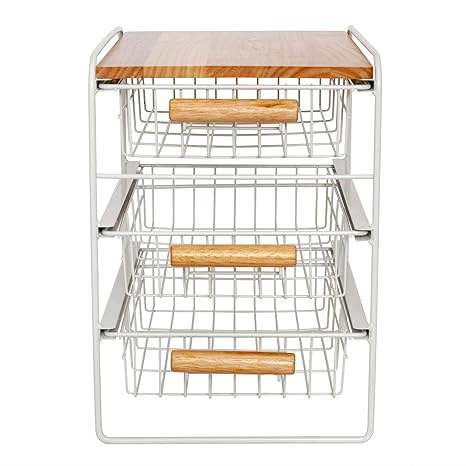 Origami Wood Top Steel Kitchen Organizer 3 Mesh Basket Sliding Drawer White