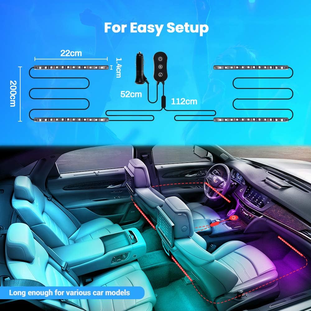Tsumbay Interior Car Lights 4pcs 48 LED Car LED Strip Lights APP Controller IP67 Waterproof Lighting Kits with Sound Active Multi DIY Color Music with Car Charger, DC 12V - Decorations: Automotive