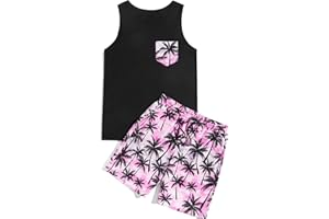 GORGLITTER Men's 2 Pieces Set Floral Print Elastic Waist Shorts Sleeveless Tank Top Outfit Tracksuit