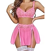 Avidlove Women's Lingerie Set 3 Piece Garter Lingerie Lace Bra and Skirt Set S-XXL