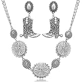 Aswitnove 2 Pcs Concho Western Necklace Earrings Jewelry Set for Women Vintage Cowgirl Dangle Earrings Boho Choker Necklaces Western Country Concert Outfits for Women Concho Jewelry Gift