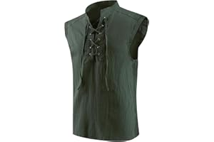 mogenda Mens Medieval Renaissance Pirate Costume Sleeveless Lace-up Stand Collar Shirt Gothic Viking Steampunk Top Tunic