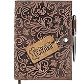 moonster Leather Journals for Women for Writing - Flower Journal, Refillable Leather Bound Journal - Vintage Leather Notebook Journal, 320 Lined Pages A5 with Metallic Grey and Rose Gold Luxury Pen