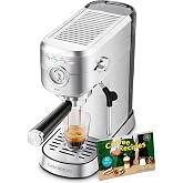 CASABREWS PFAS-Free Espresso Machine with Milk Frother Steam Wand | Non-Toxic, Stainless Steel, 20-Bar, Built-in Pressure Gauge, Powerful Steam Wand for Cappuccino, Small, 34oz Water Tank