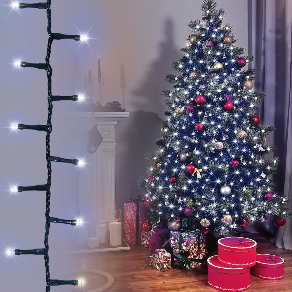 ANSIO Christmas Tree Lights 500 LED 12.5m/41ft - Cool White Cluster Compact Lights for Indoor & Outdoor Decorations Fairy Lights with Timer for Xmas Garden & Party | Mains Powered Green Cable