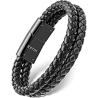 Magna Steel Men's Braided Genuine Leather Bracelet With Magnetic Closure - Silver Stainless Steel - View #4