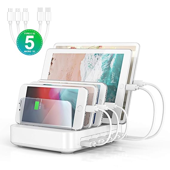 seenda Ladestation Mehrere Geräte - 50W/10A 5-Port Handy Ladestation USB Ladestation Mehrfach mit 3 Pack Micro USB Kabel und 