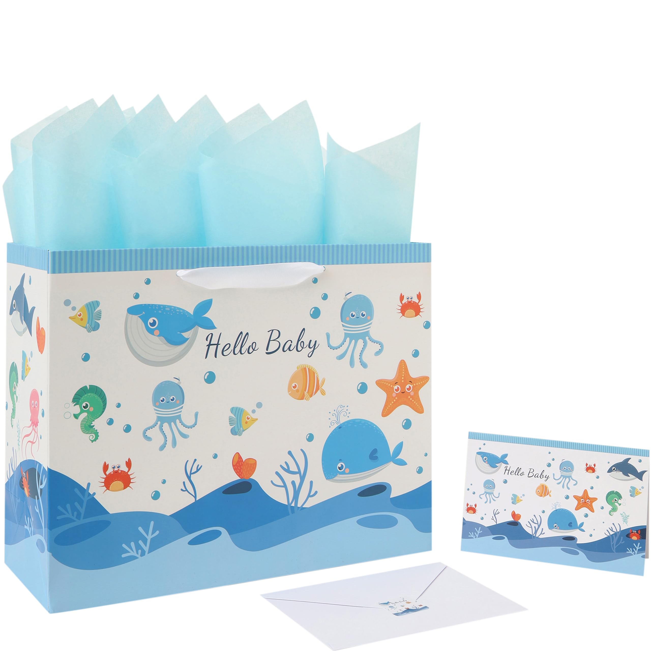 Photo 1 of 13” Large Baby Gift Bag Set with Handles, Greeting Card, Tissue Papers and Stickers for Baby Boy, Baby Shower, Birthday, Newborn, New Moms Sea Creatures Design, 1 Pcs