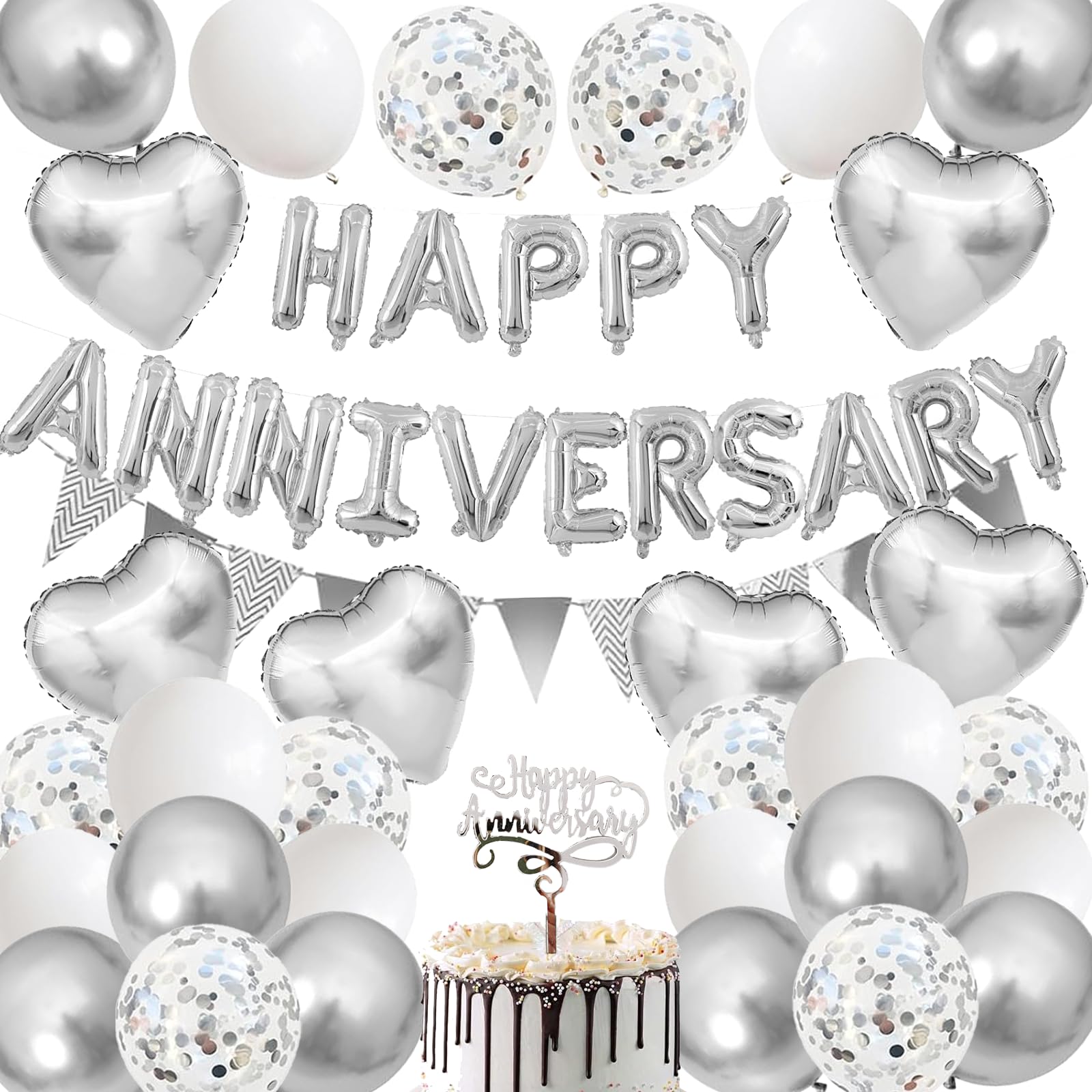 Happy Anniversary Decorations, 48Pcs Silver Romantic Wedding Decoration Set with Heart Foil Balloon, Confetti Latex Balloons for Valentines Day Proposal Confession Wedding Anniversary Party — image 1